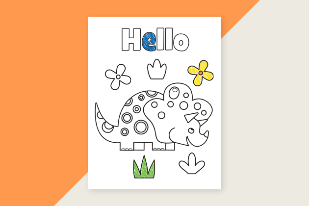 A card with a cute dinosaur with spots and a horn.