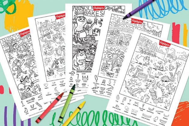 Five Hidden Pictures puzzle pages to print, solve and color.