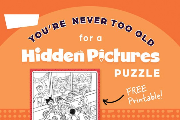 A Hidden Pictures puzzle scene of kids in a science class.