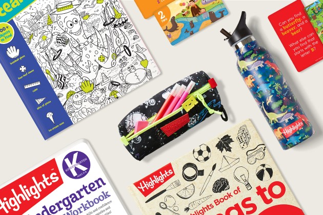 Water bottle, pencil case and Highlights books are back to school essentials. 