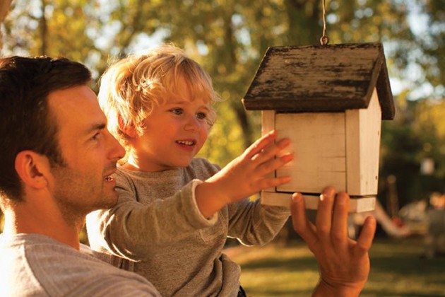 Man and toddler looking at birdhouse together.