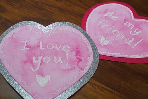 Valentine hearts with wax-resist messages.