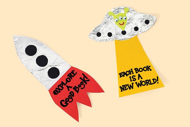 Shiny, foil-covered bookmarks that look like space ships. 