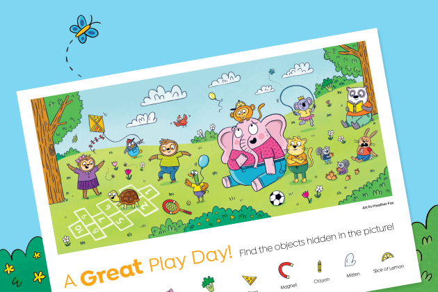 A Great Play Day Hidden Pictures printable over sky and bush background