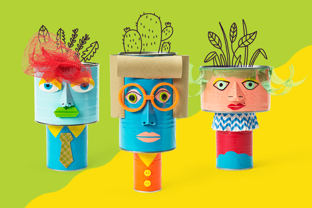 upcycled planters craft made of cans and decorated with faces