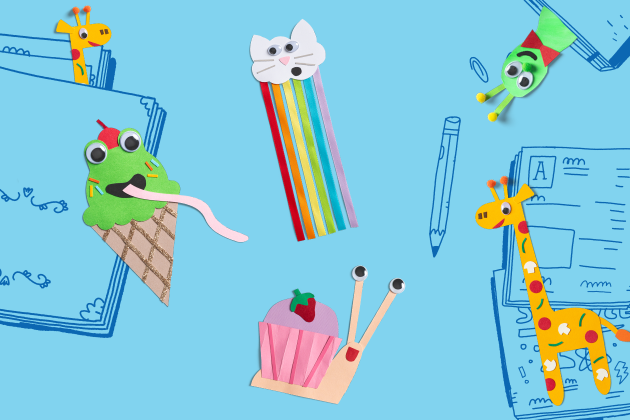 DIY animal bookmark crafts on blue background