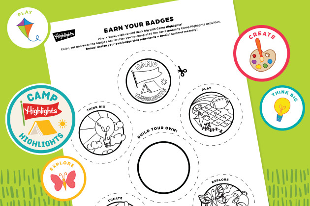 Camp Highlights Badges Printable Worksheet over green background