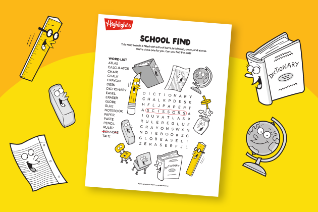 cartoon school objects surrounding school word find printable on yellow background
