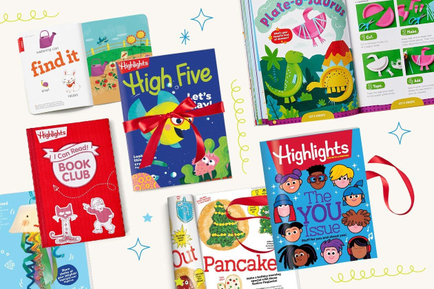 A collection of Highlights brand activity books and magazines arranged on a white surface.