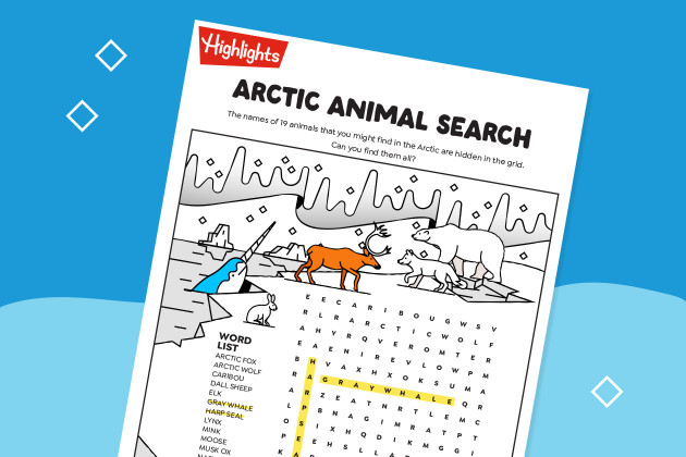 arctic animal word search printable on blue background
