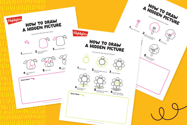 How to Draw Hidden Pictures book pages on yellow background