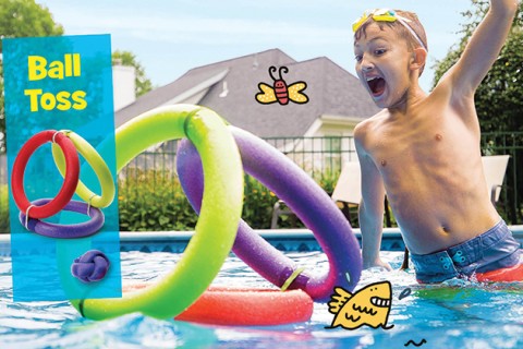 Three pool noodles made into rings and tied together to make a floating hoop.