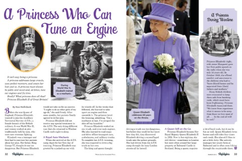 Highlights magazine article about Queen Elizabeth II’s time as a mechanic in the British military.
